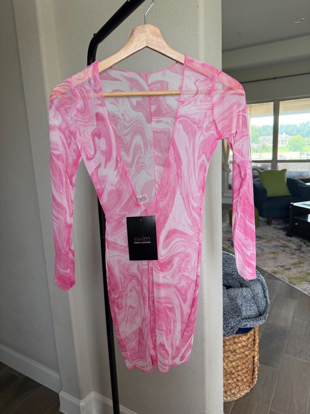 Naked Wardrobe Pink Marble Smoke Mesh Swim Cover-Up Top – XS